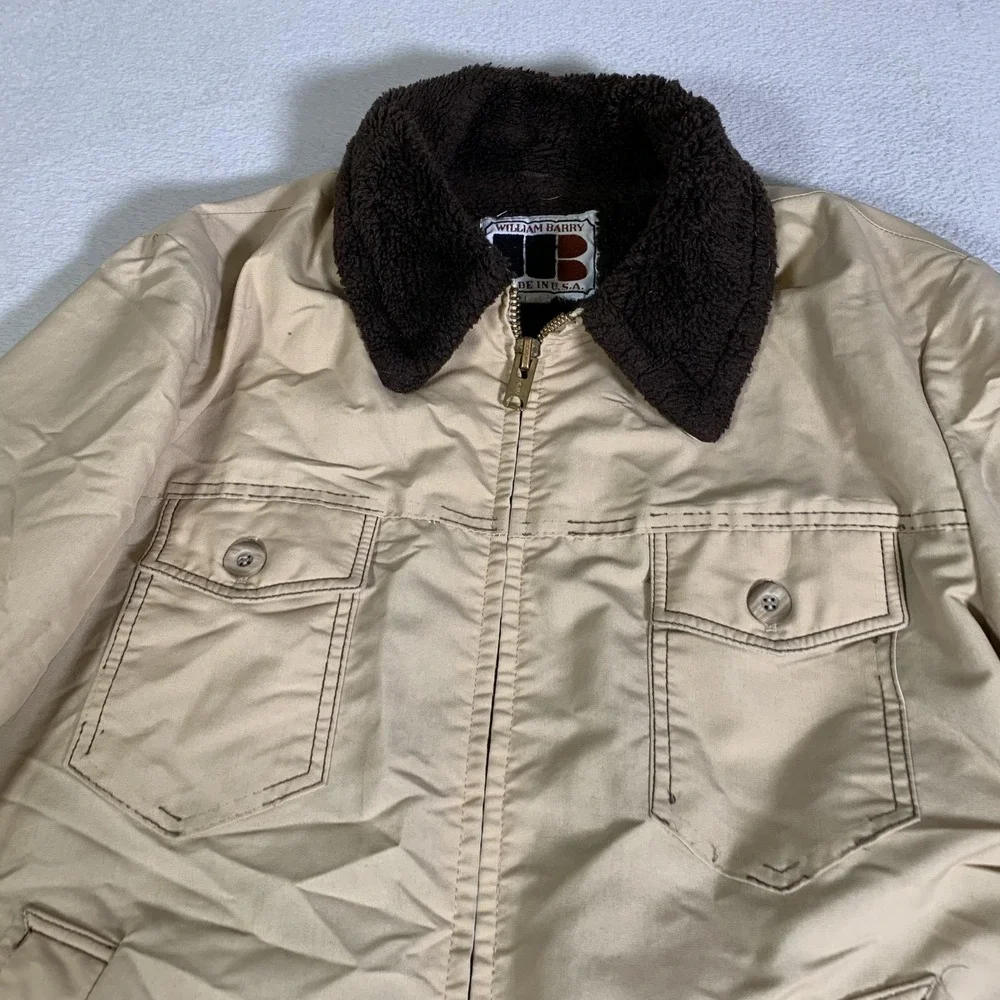 Vintage William Barry Coat Mens 44 Beige Canvas Faux Fur Lined Parka 70s USA